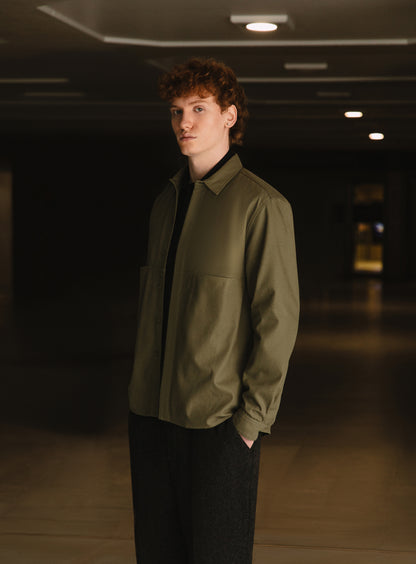 Overshirt with Front Cuts in Olive Canvas