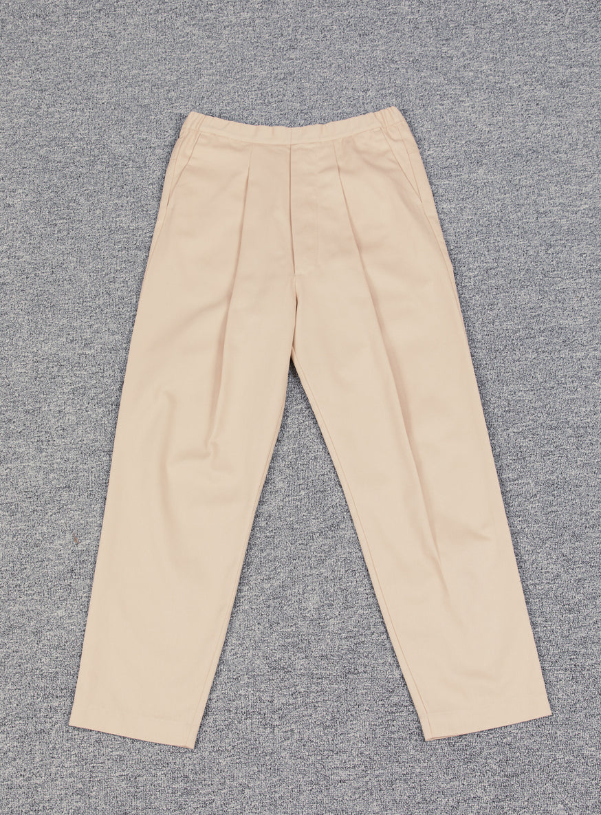 Elastic Waist Pants with Deep Pleats in Ecru Cotton Gabardine