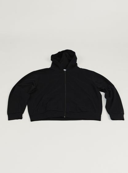 Hooded Cardigan with Notched Pockets in Black Fleece