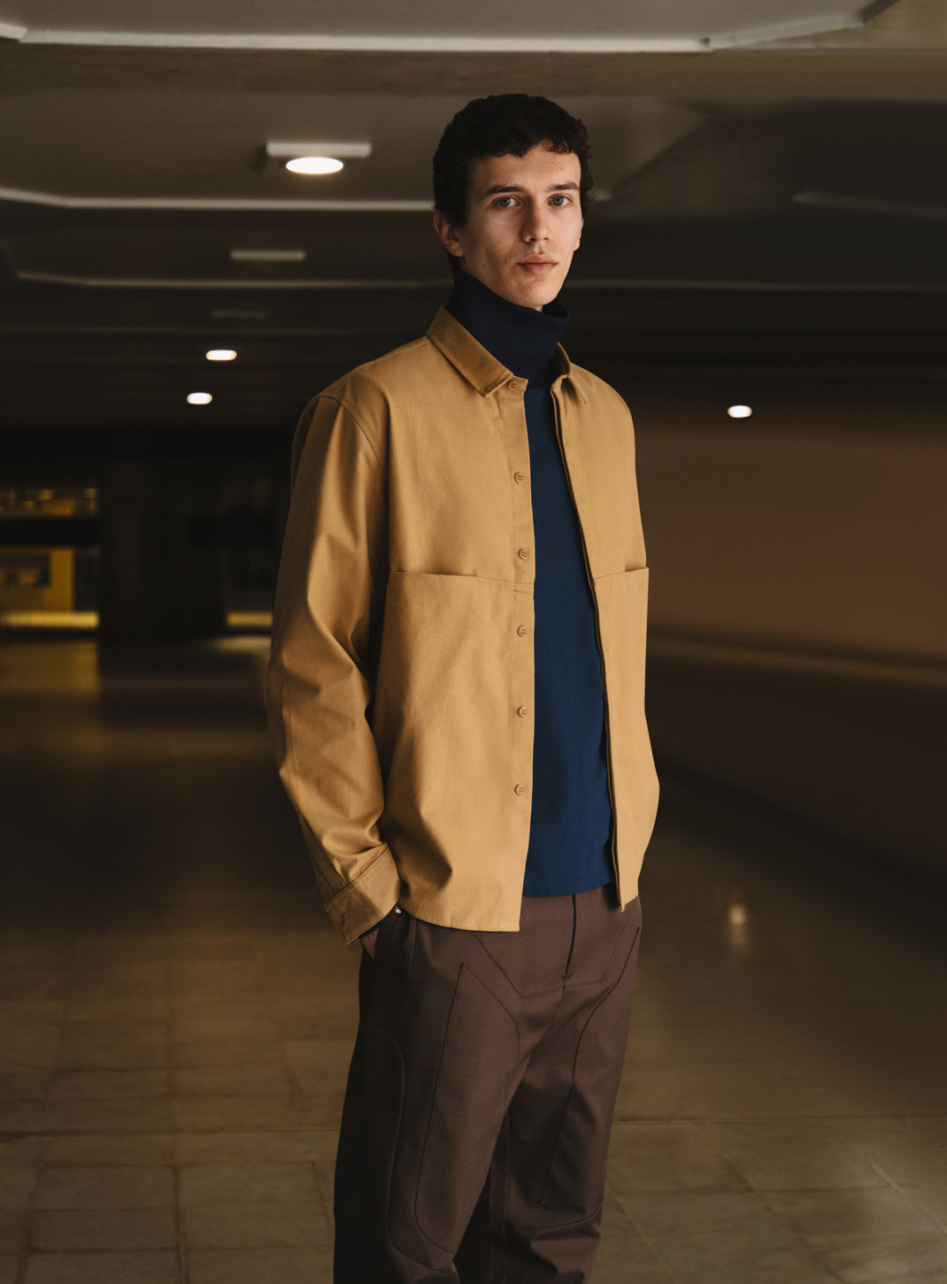 Overshirt with Front Cuts in Camel Canvas