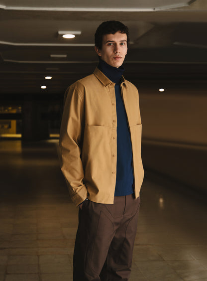 Overshirt with Front Cuts in Camel Canvas