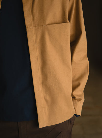 Overshirt with Front Cuts in Camel Canvas