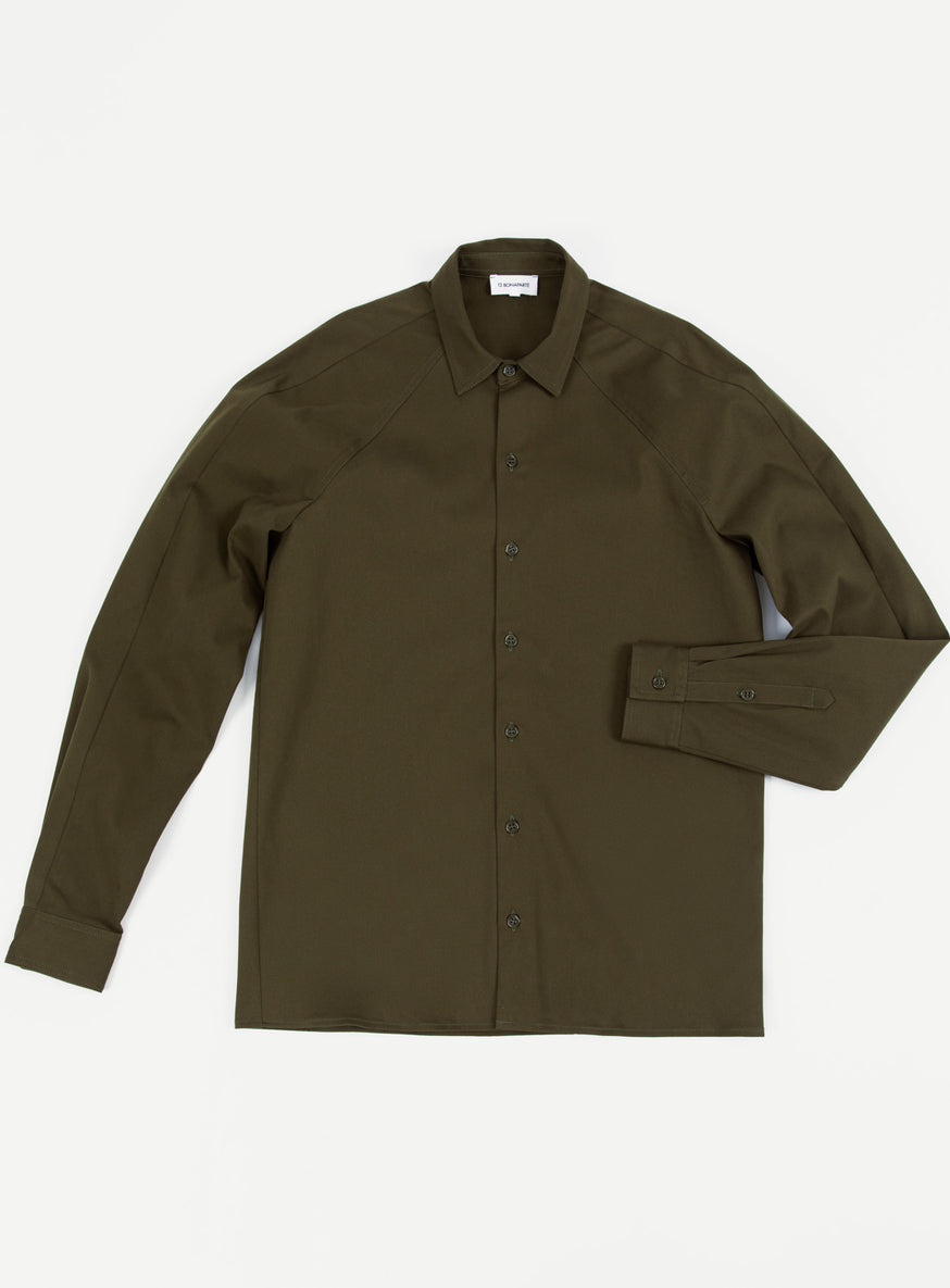 Raglan Sleeve Overshirt in Olive Cotton Gabardine