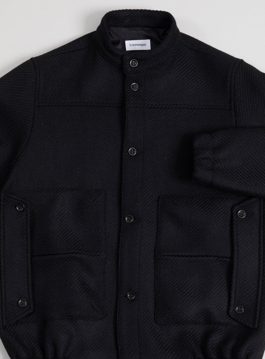 Bomber Jacket with Envelope Pockets in Black Italian Wool