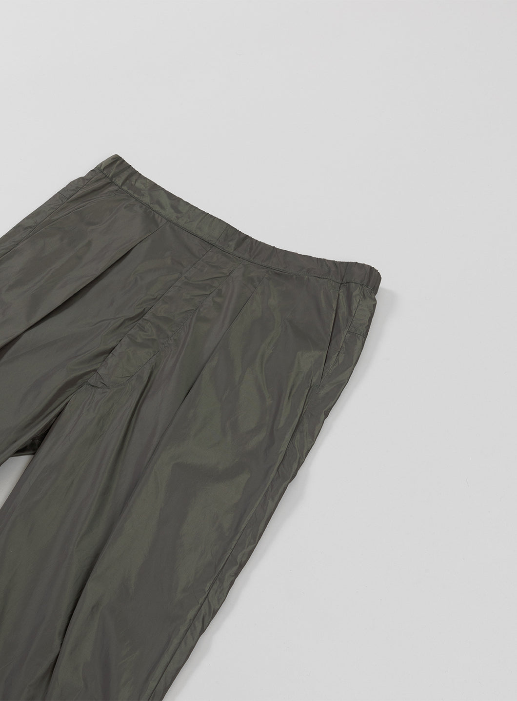 Elastic Waist Pants with Deep Pleats in Olive Nylon