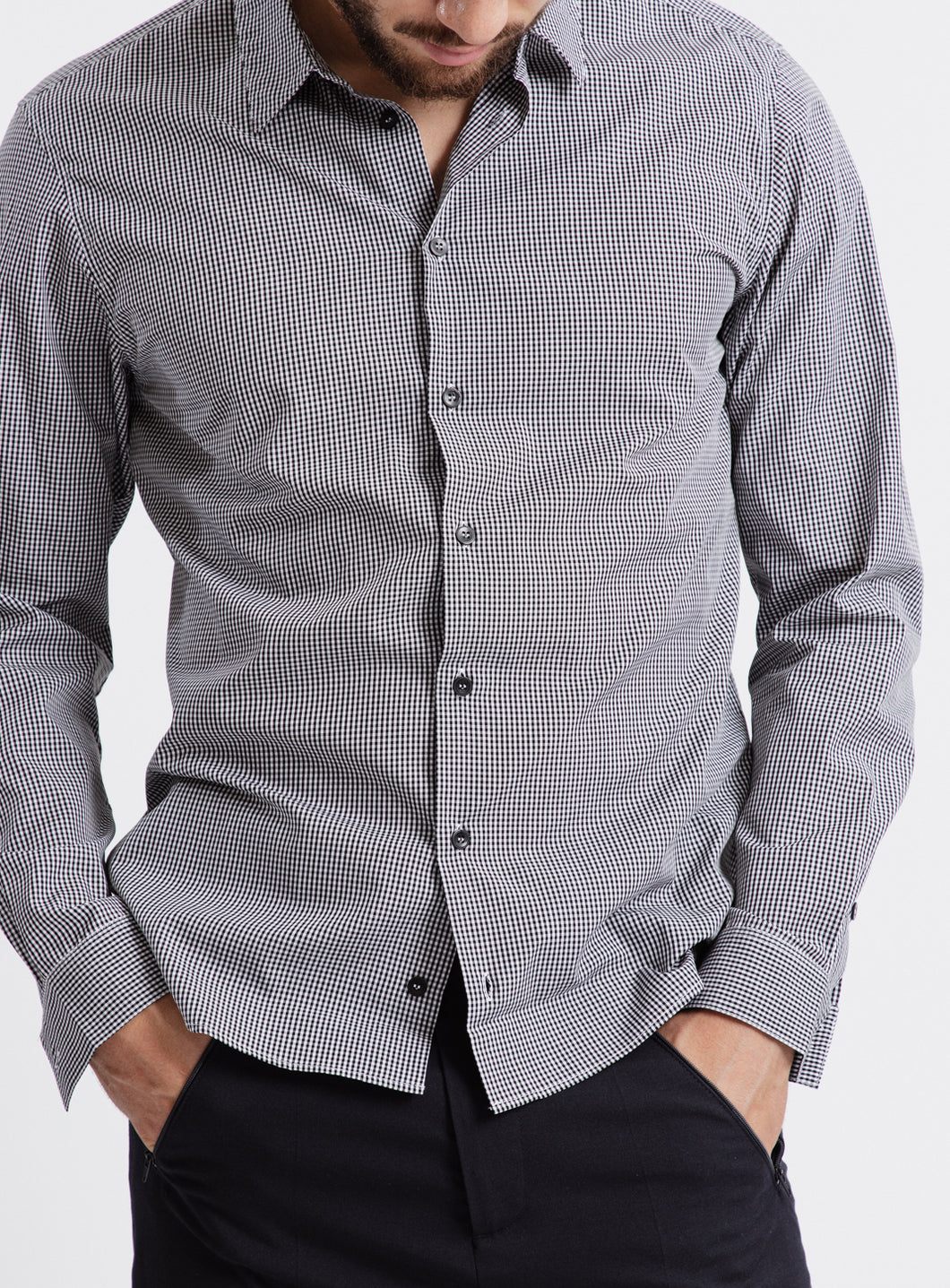 Shirt with Small Collar Stand in Black Vichy End-on-End