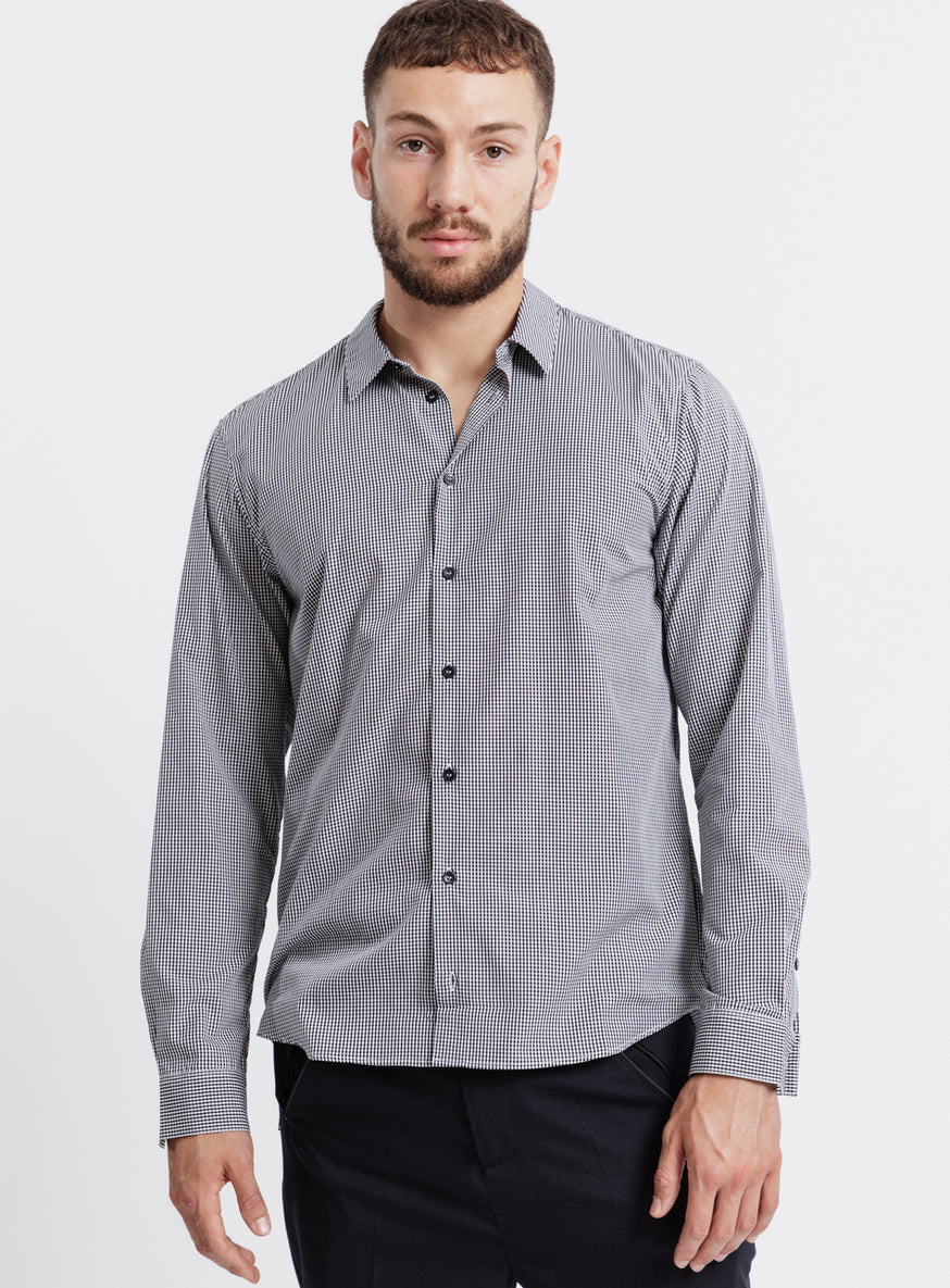 Shirt with Small Collar Stand in Black Vichy End-on-End