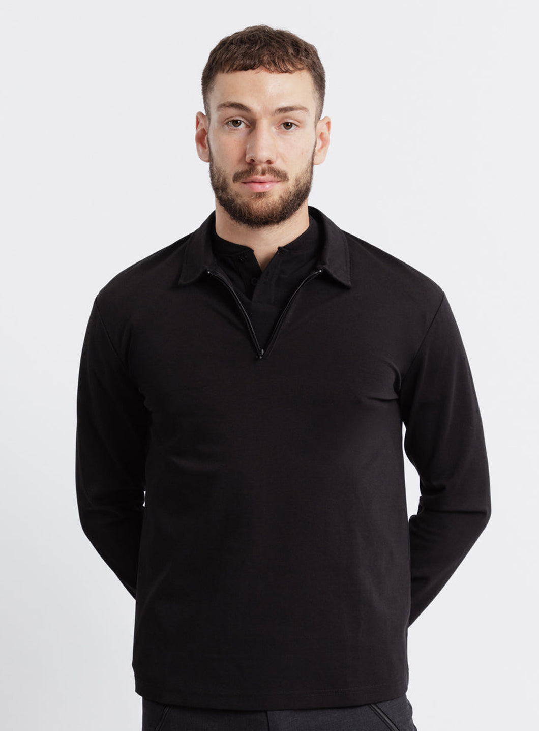 Zipped Poloshirt in Black Technical Knit