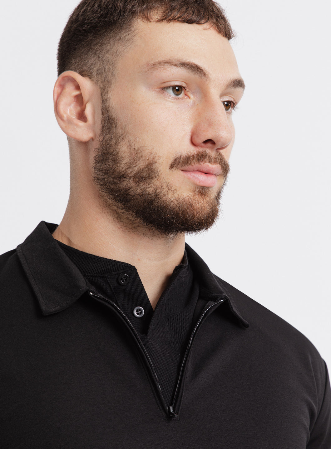 Zipped Poloshirt in Black Technical Knit