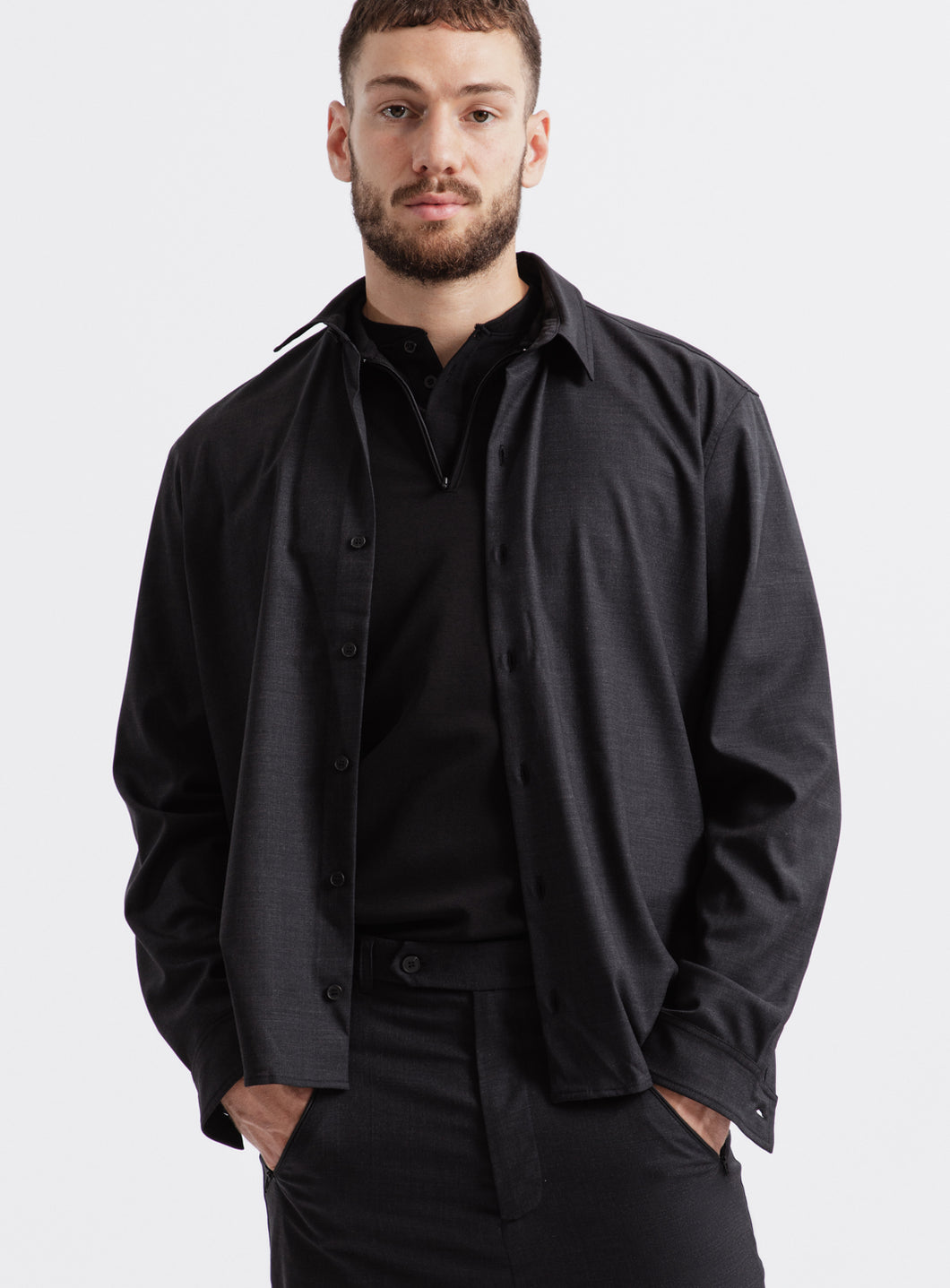 Classic Collar Shirt in Dark Grey Wool