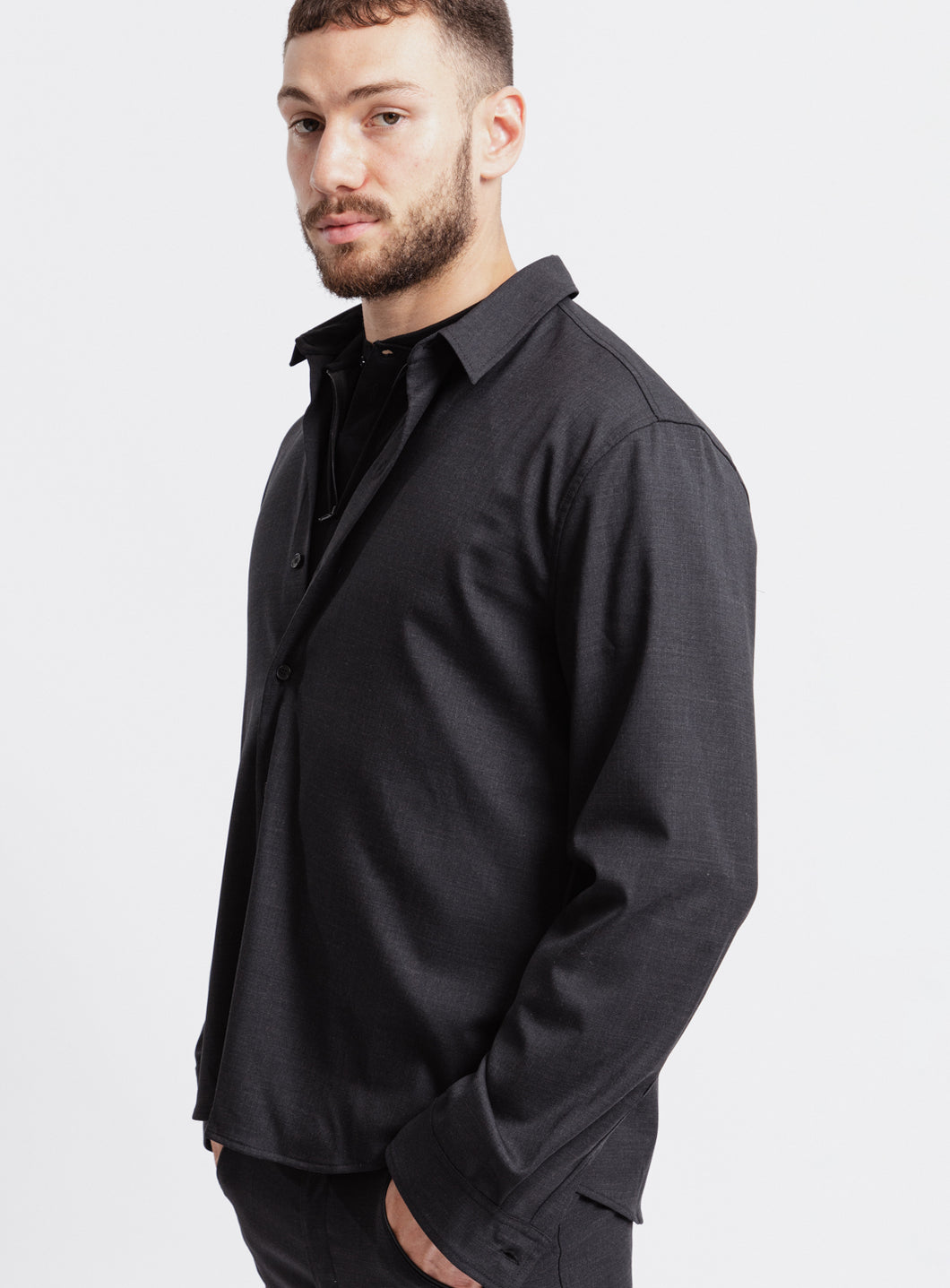 Classic Collar Shirt in Dark Grey Wool