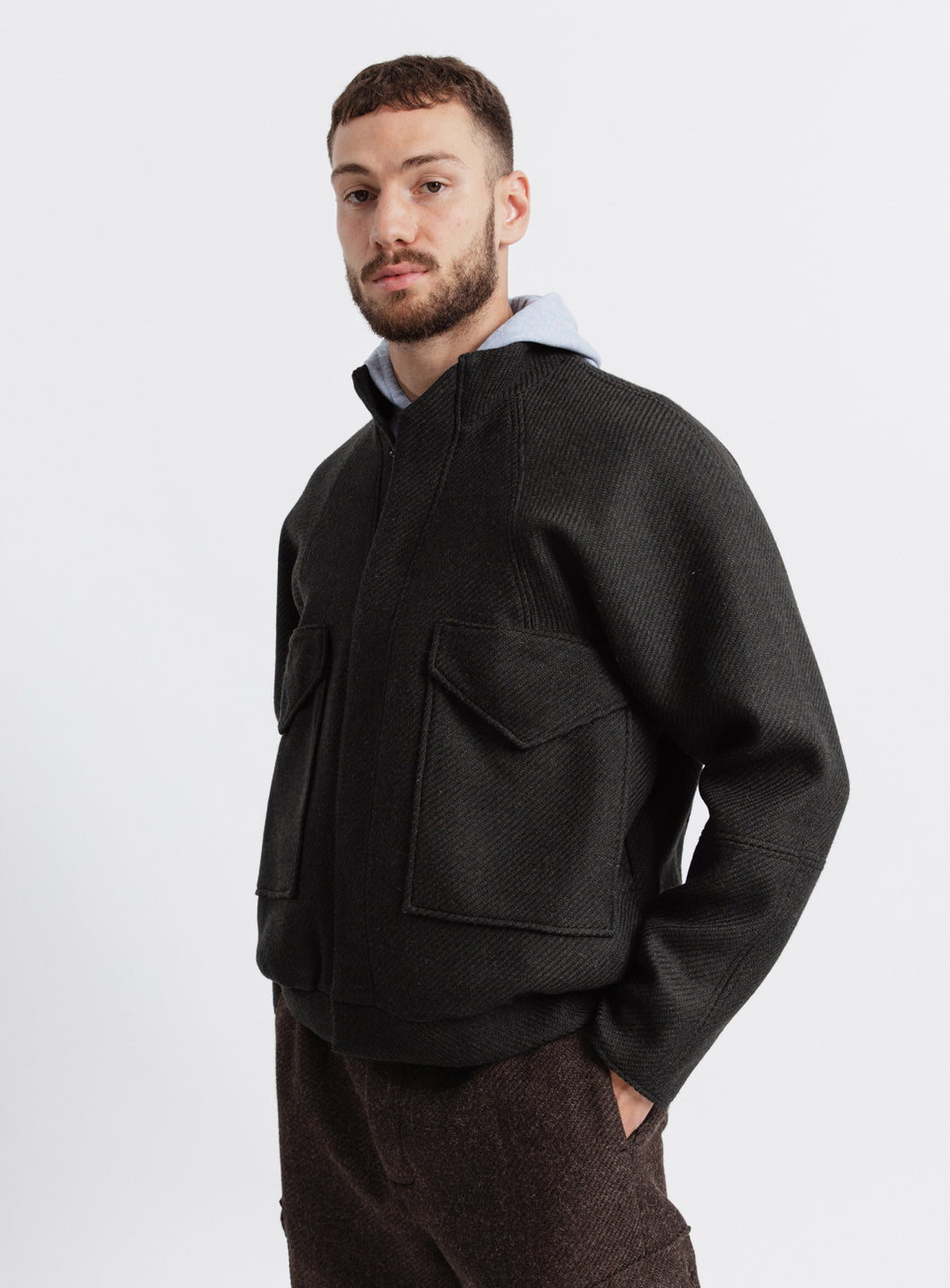 Bomber Jacket with Origami Collar in Dark Olive Italian Wool