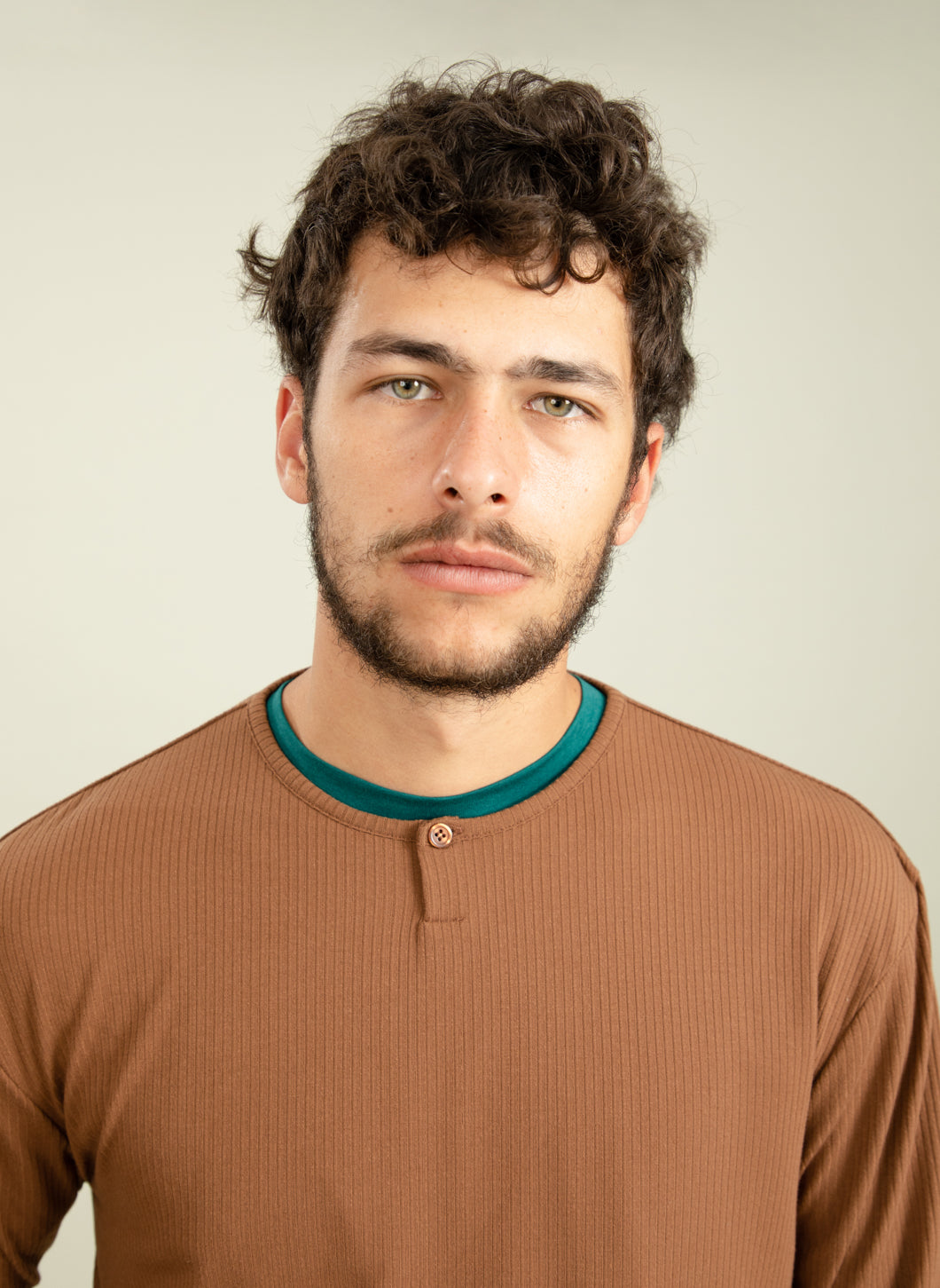 1 Button T-Shirt in Camel Ribbed Jersey