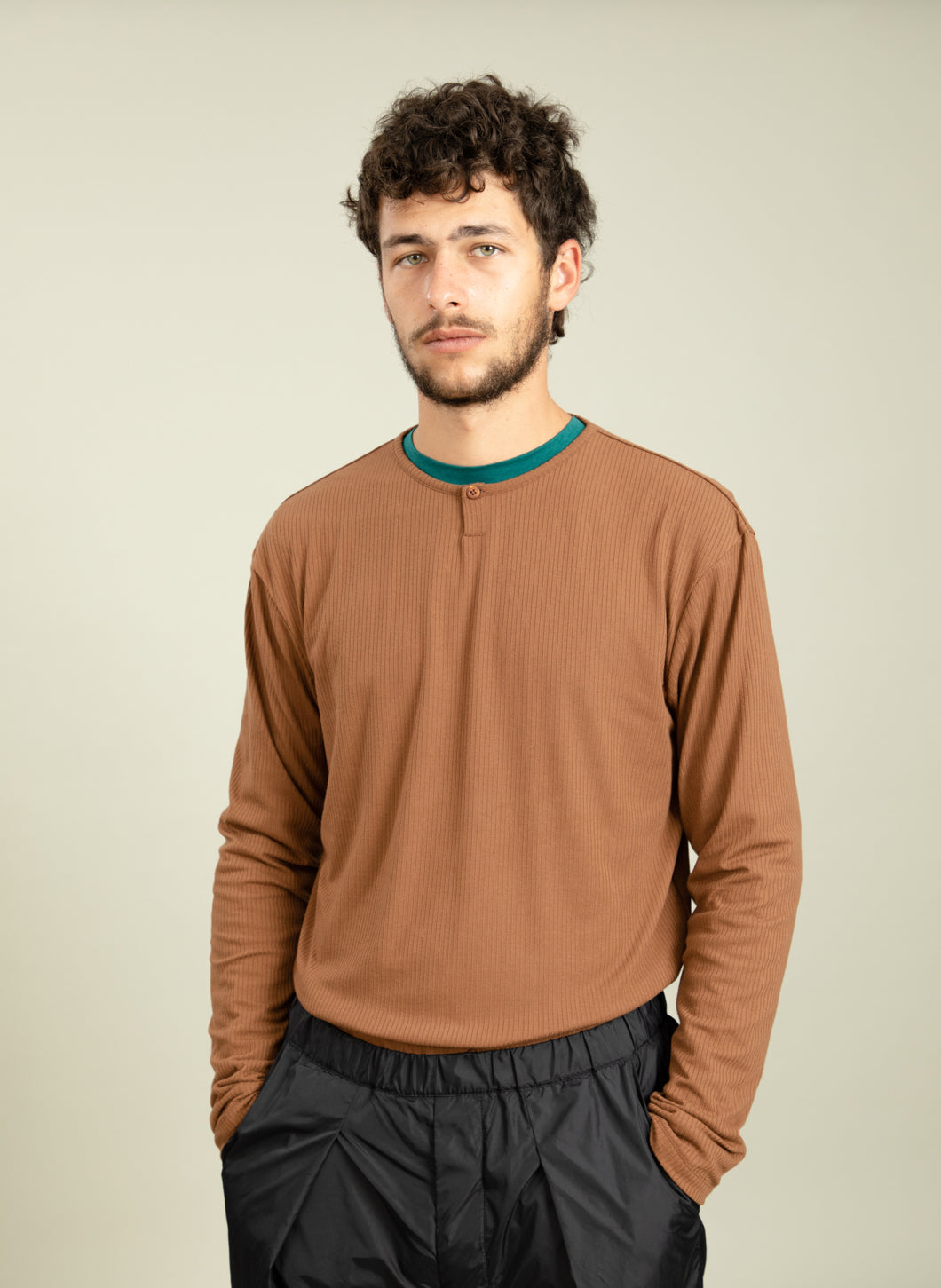 1 Button T-Shirt in Camel Ribbed Jersey