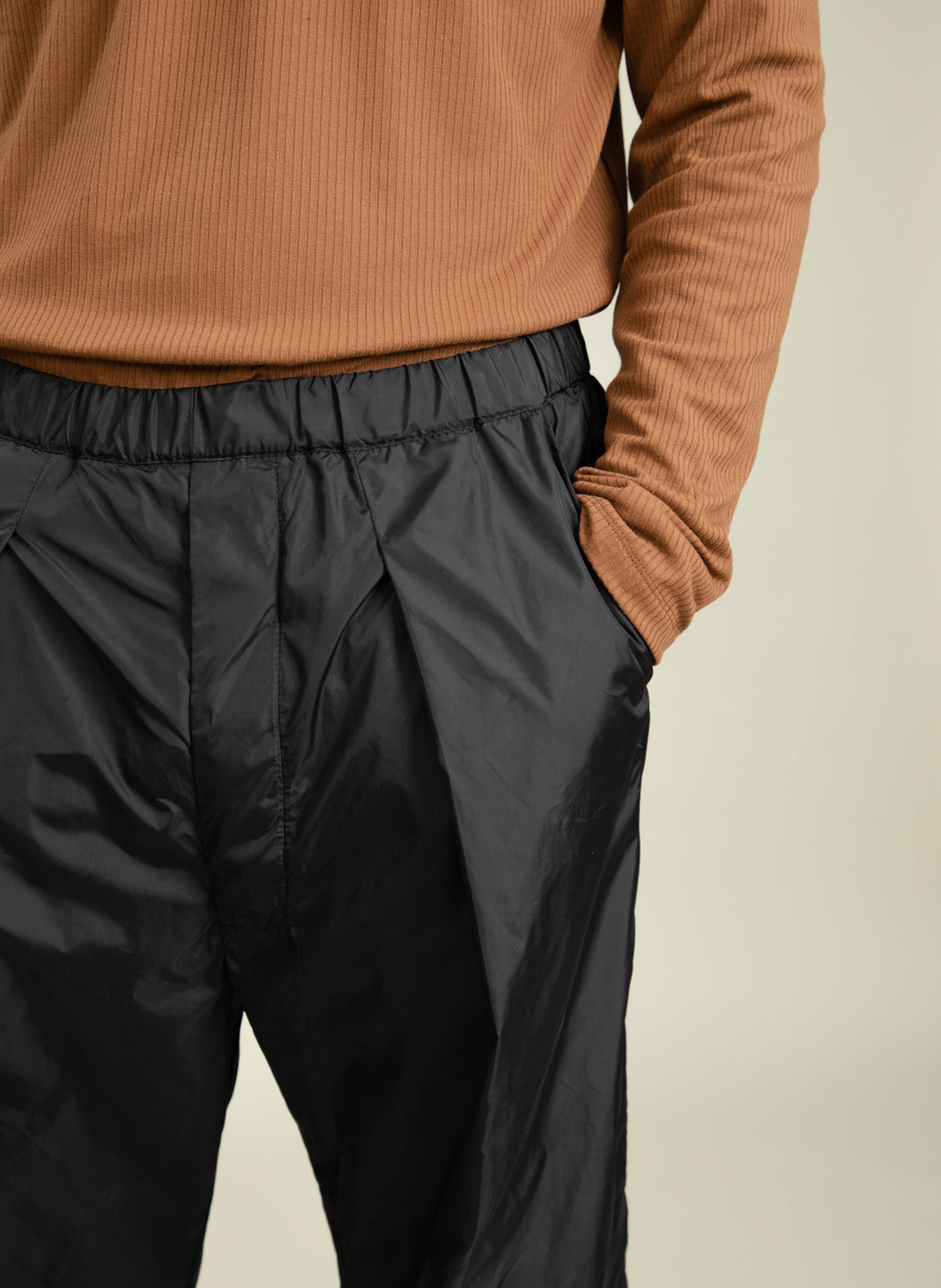 Elastic Waist Pants with Deep Pleats in Black Nylon