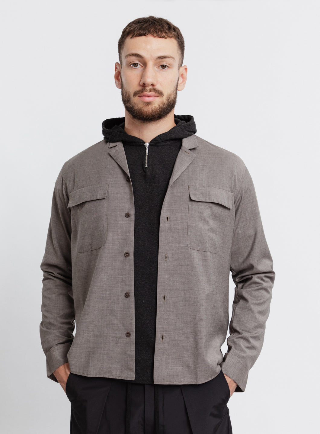 Overshirt with Tailored Collar in Grey-Beige End-on-End