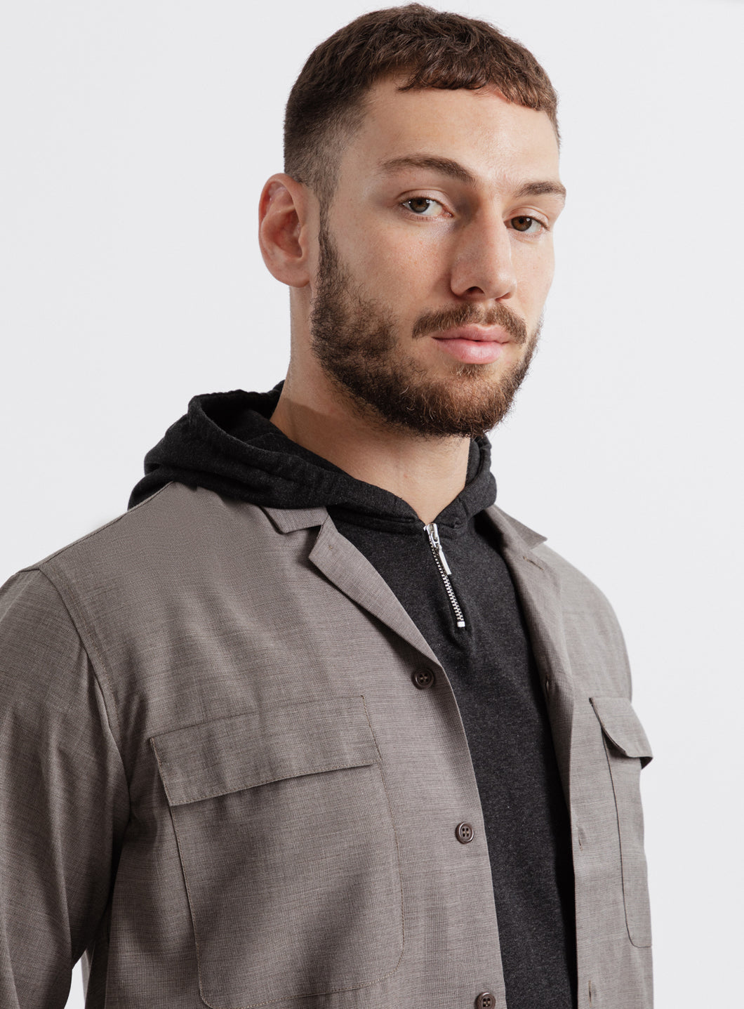 Overshirt with Tailored Collar in Grey-Beige End-on-End