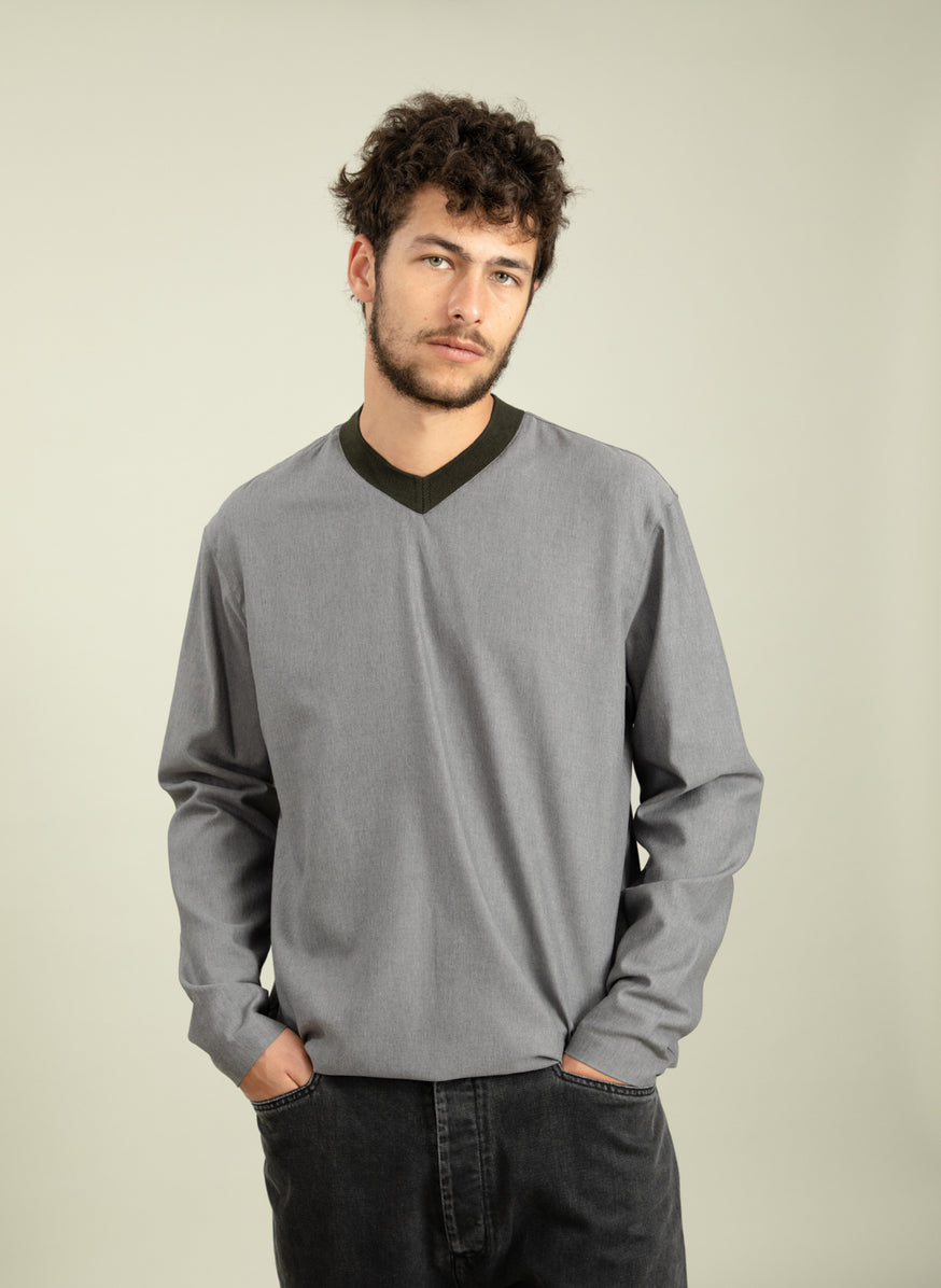 Ribbed V Neck T-Shirt in Grey Cotton Blend