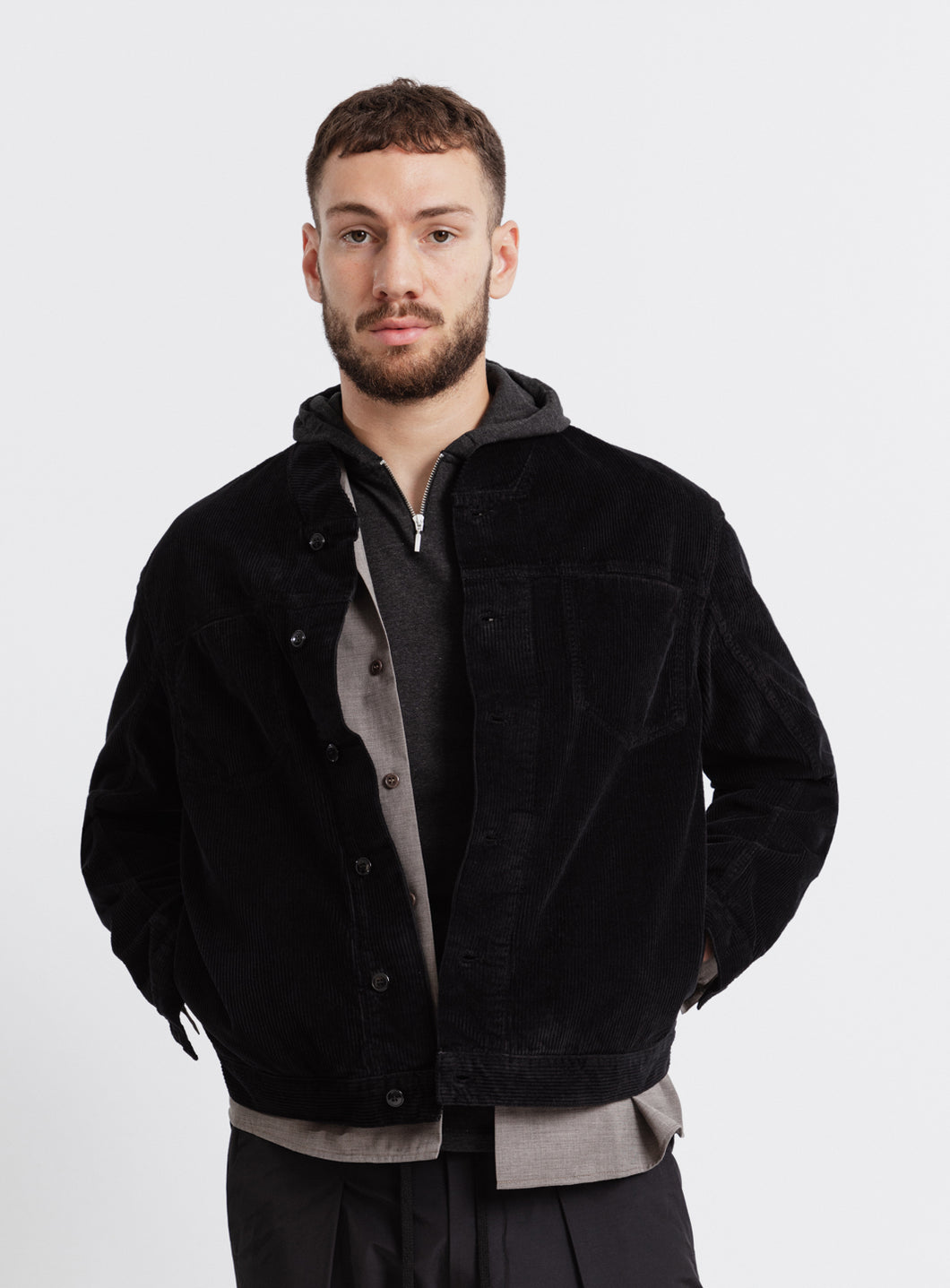 False Collar Jacket in Black Corduroy