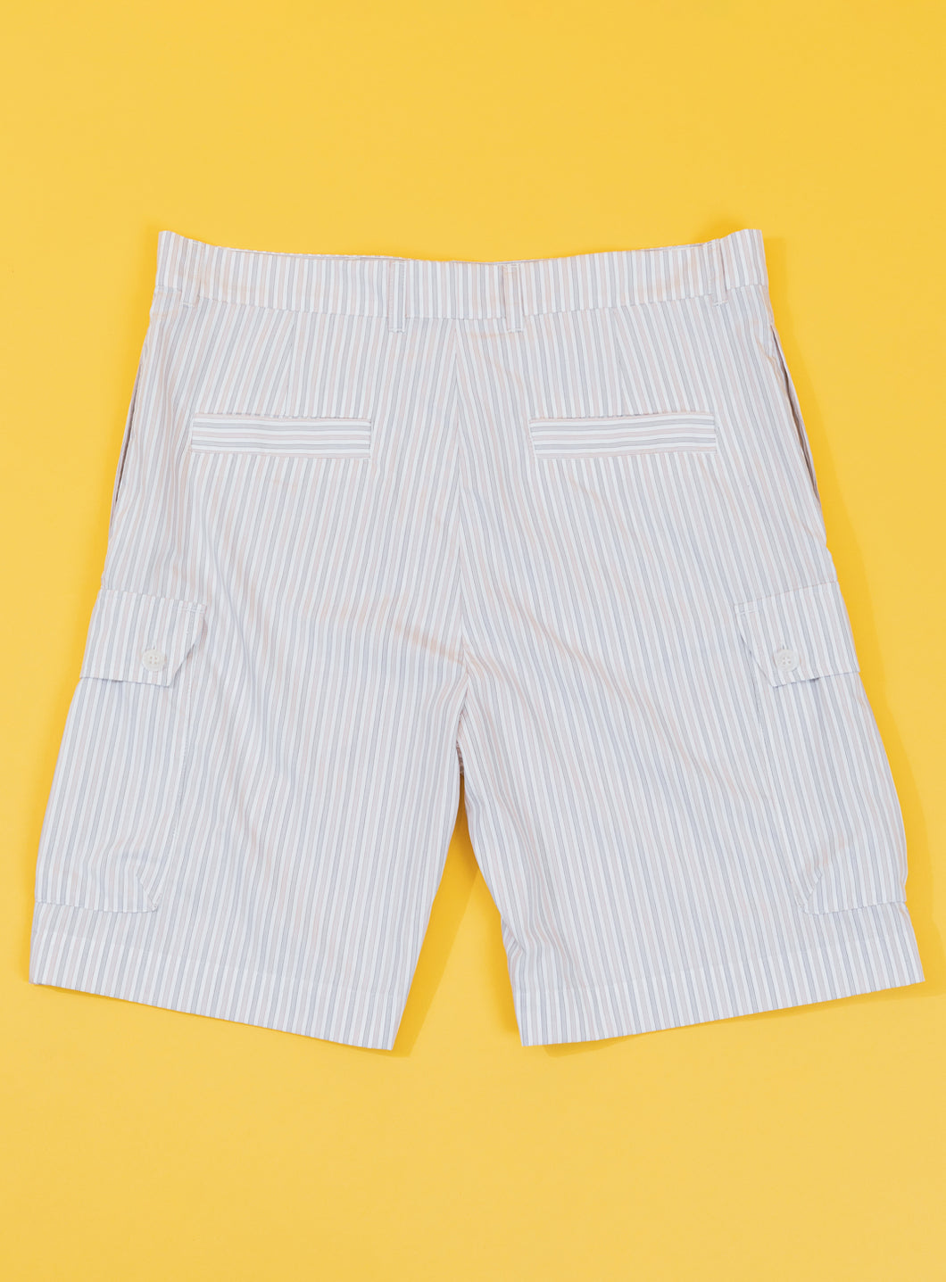 Bermuda Shorts with Envelope Pockets in White Poplin with Beige & Grey Stripes