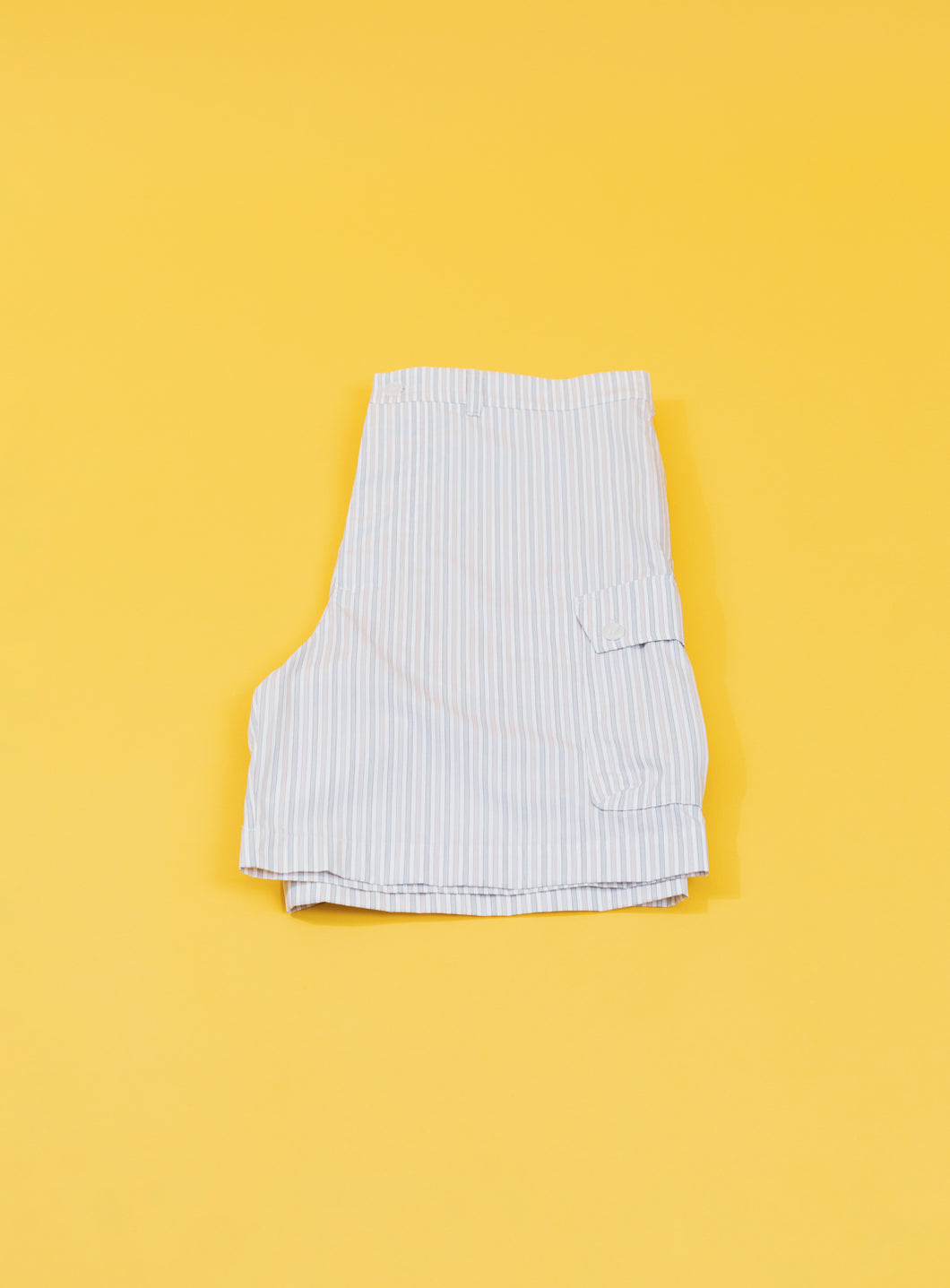 Bermuda Shorts with Envelope Pockets in White Poplin with Beige & Grey Stripes