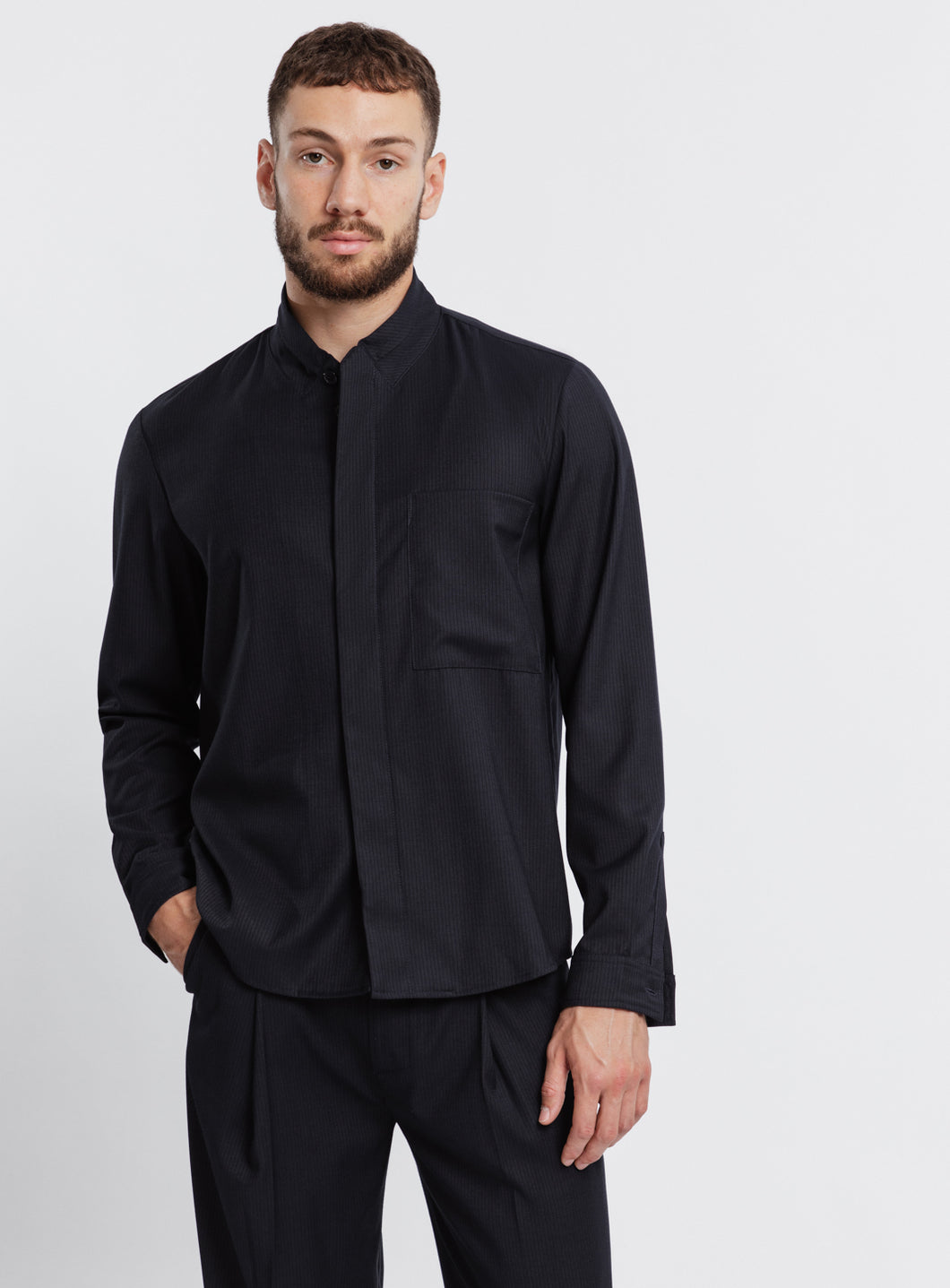 Double Collar Overshirt in Navy Blue Fine Stripe Serge