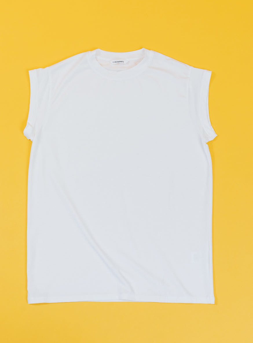 Sleeveless T-Shirt in White Cotton & Elastane