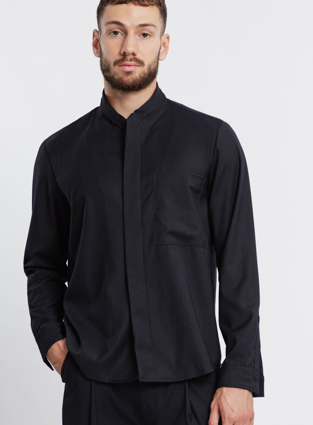 Double Collar Overshirt in Navy Blue Fine Stripe Serge