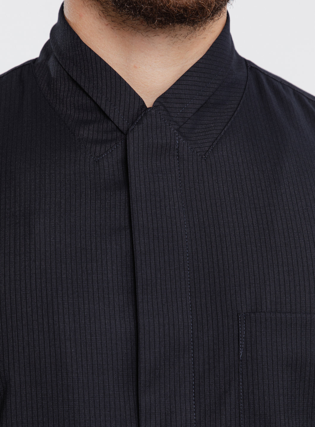 Double Collar Overshirt in Navy Blue Fine Stripe Serge