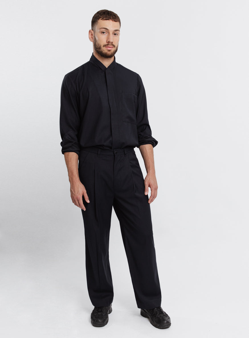 Large Pleated Pants in Navy Blue Fine Stripe Serge