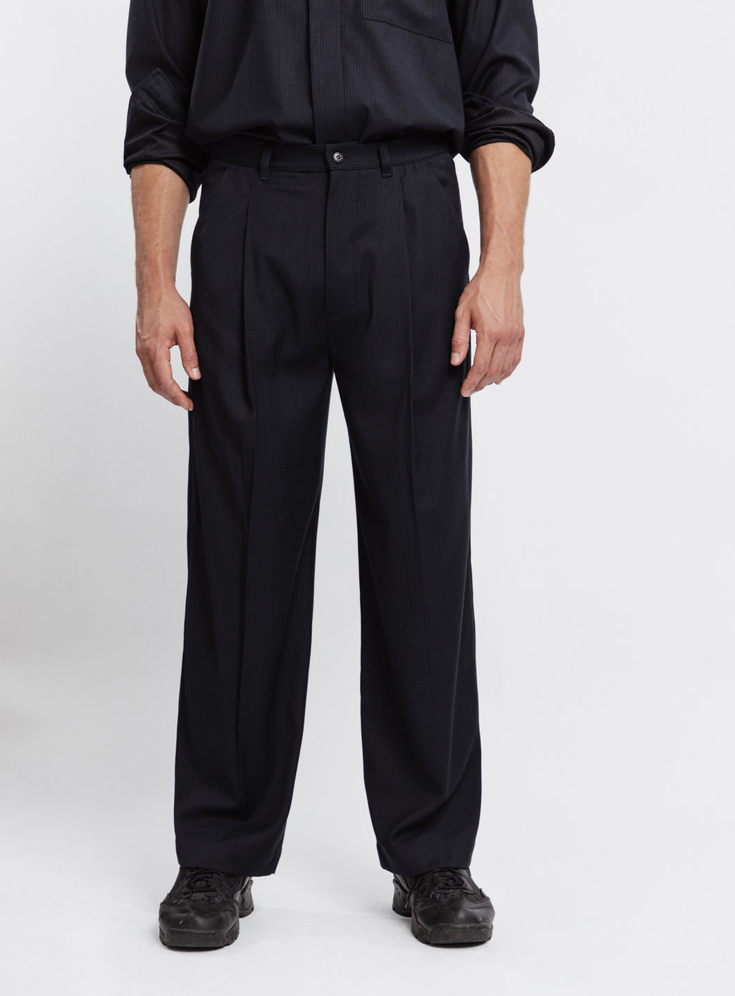 Large Pleated Pants in Navy Blue Fine Stripe Serge