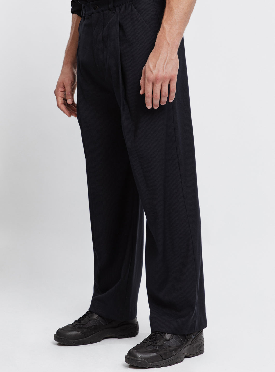 Large Pleated Pants in Navy Blue Fine Stripe Serge