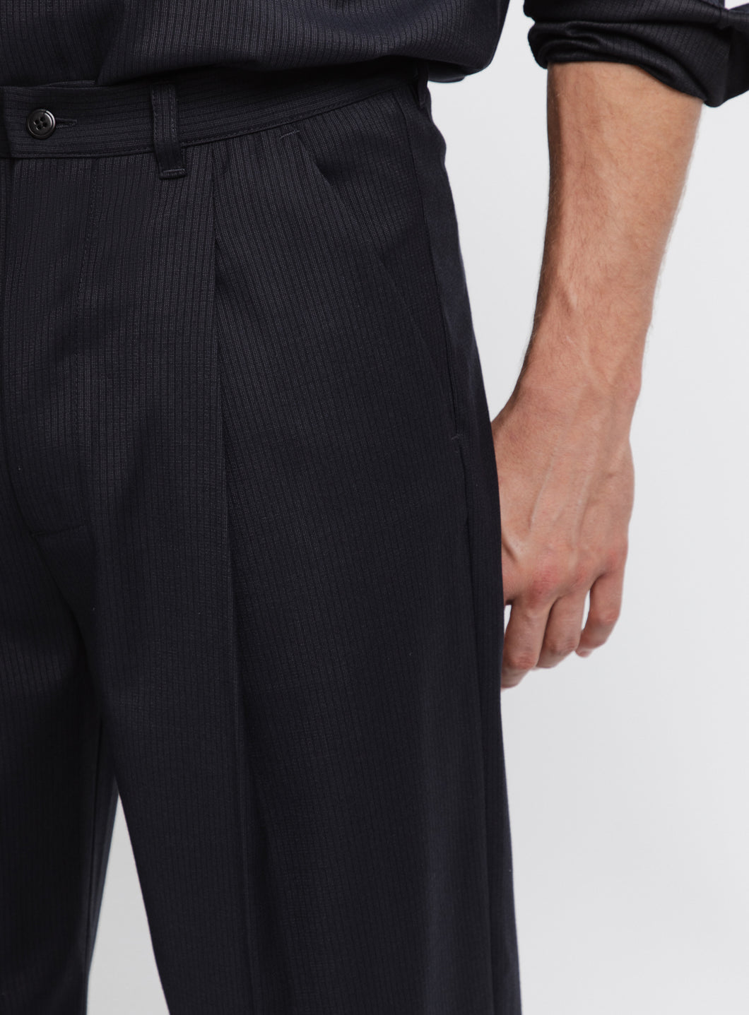 Large Pleated Pants in Navy Blue Fine Stripe Serge