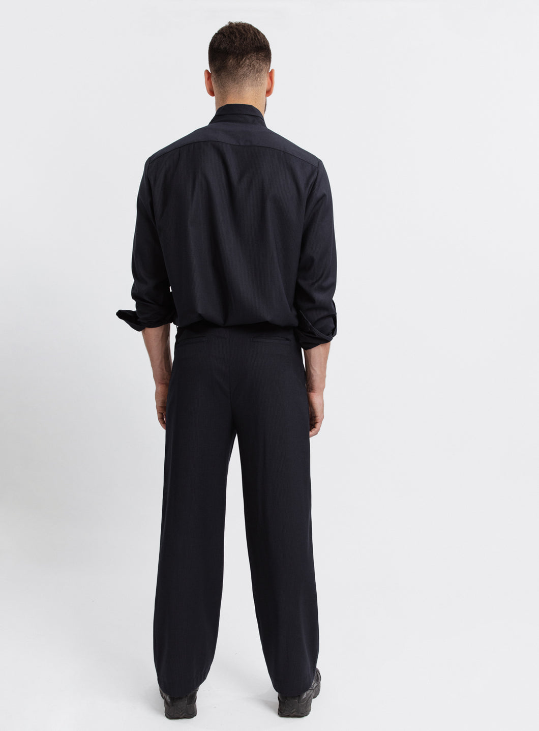 Large Pleated Pants in Navy Blue Fine Stripe Serge