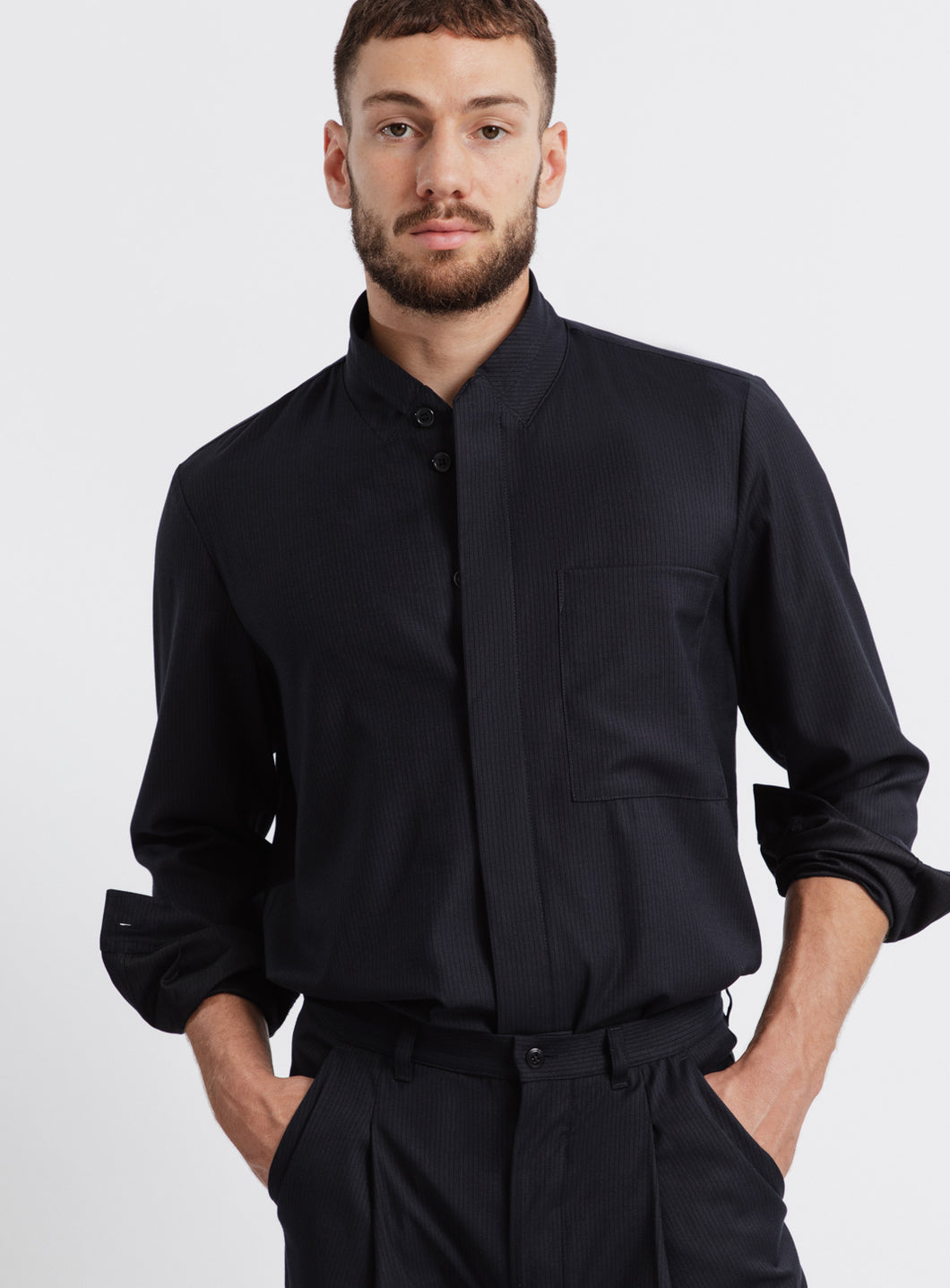 Double Collar Overshirt in Navy Blue Fine Stripe Serge