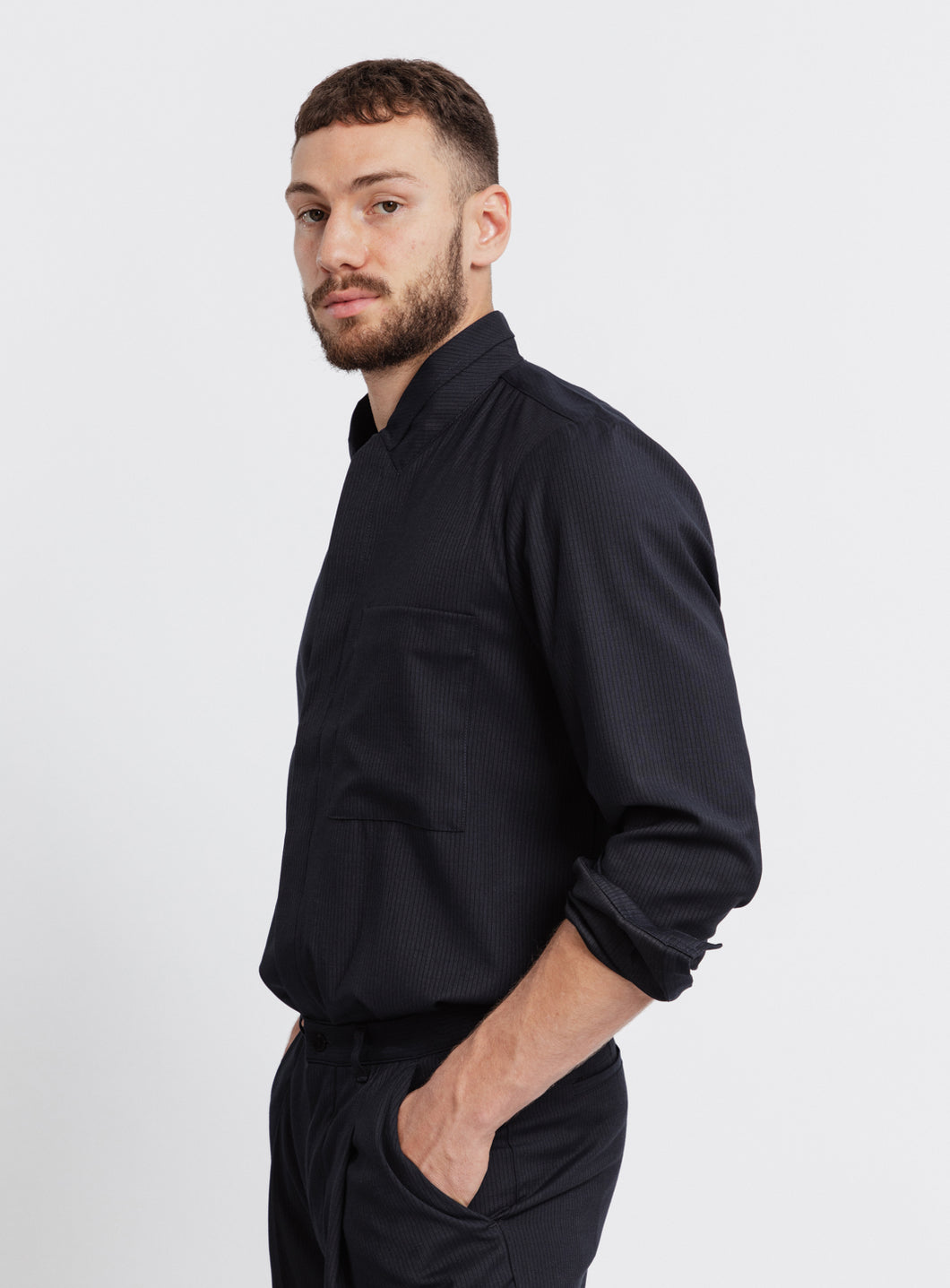 Double Collar Overshirt in Navy Blue Fine Stripe Serge