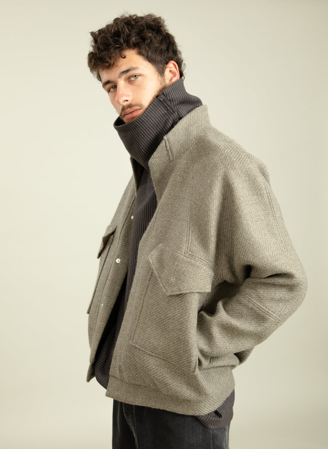 Bomber Jacket with Origami Collar in Clay Italian Wool