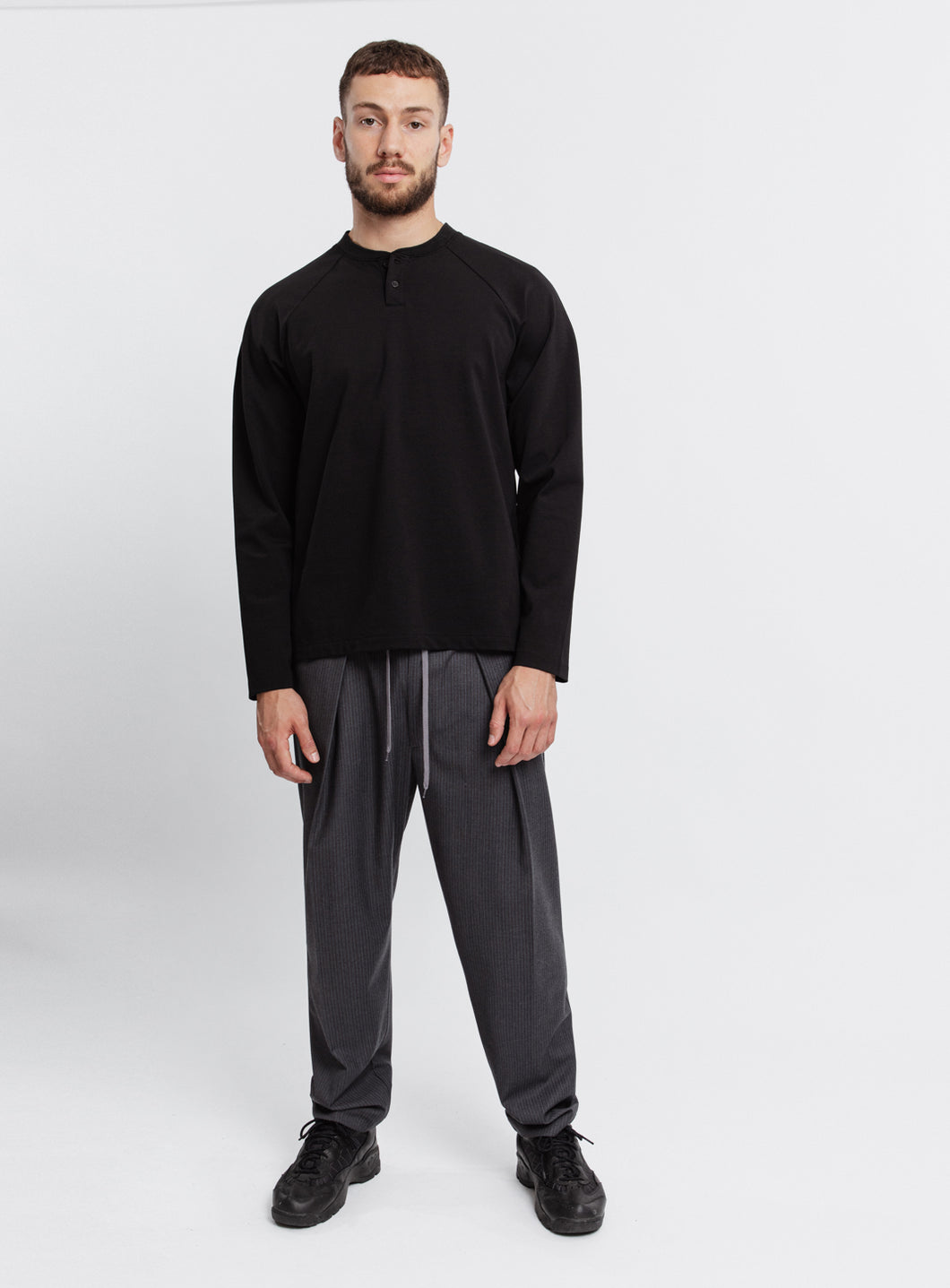 Long Sleeve Ribbed Collar Poloshirt in Black Technical Knit