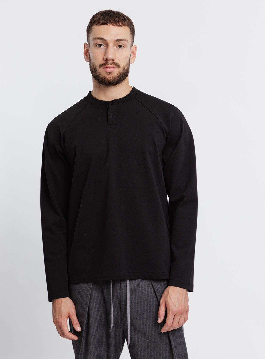 Long Sleeve Ribbed Collar Poloshirt in Black Technical Knit