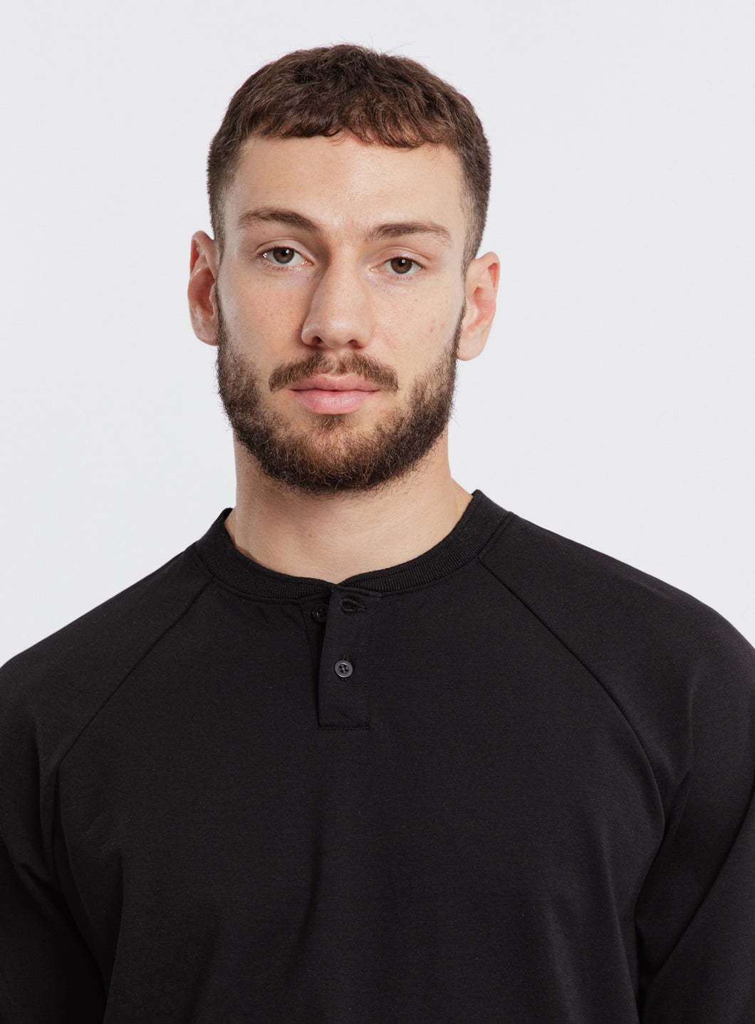 Long Sleeve Ribbed Collar Poloshirt in Black Technical Knit