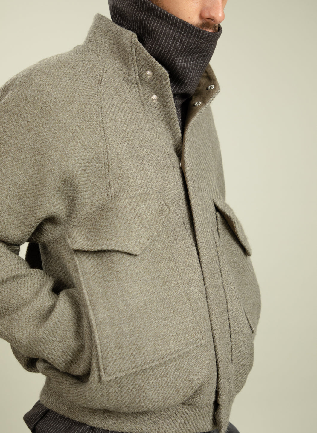 Bomber Jacket with Origami Collar in Clay Italian Wool