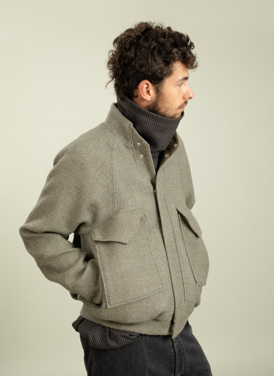 Bomber Jacket with Origami Collar in Clay Italian Wool