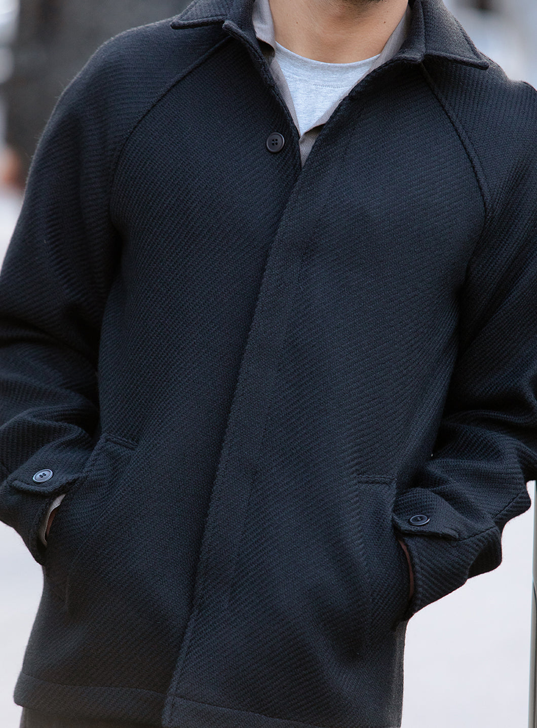 Peacoat with Raglan Sleeve in Black Italian Wool