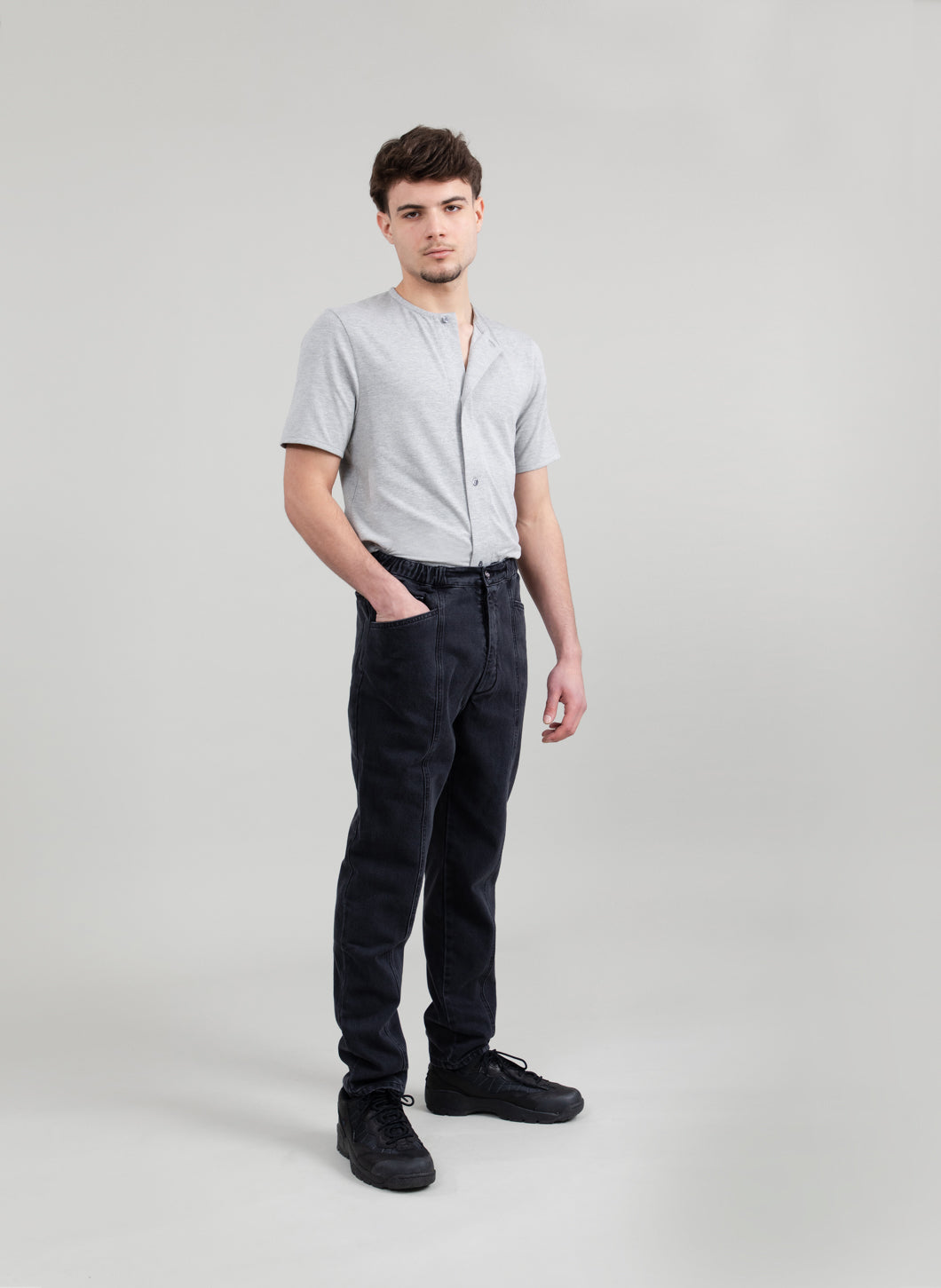 5-Pocket Pants with Front Cuts in Black Denim