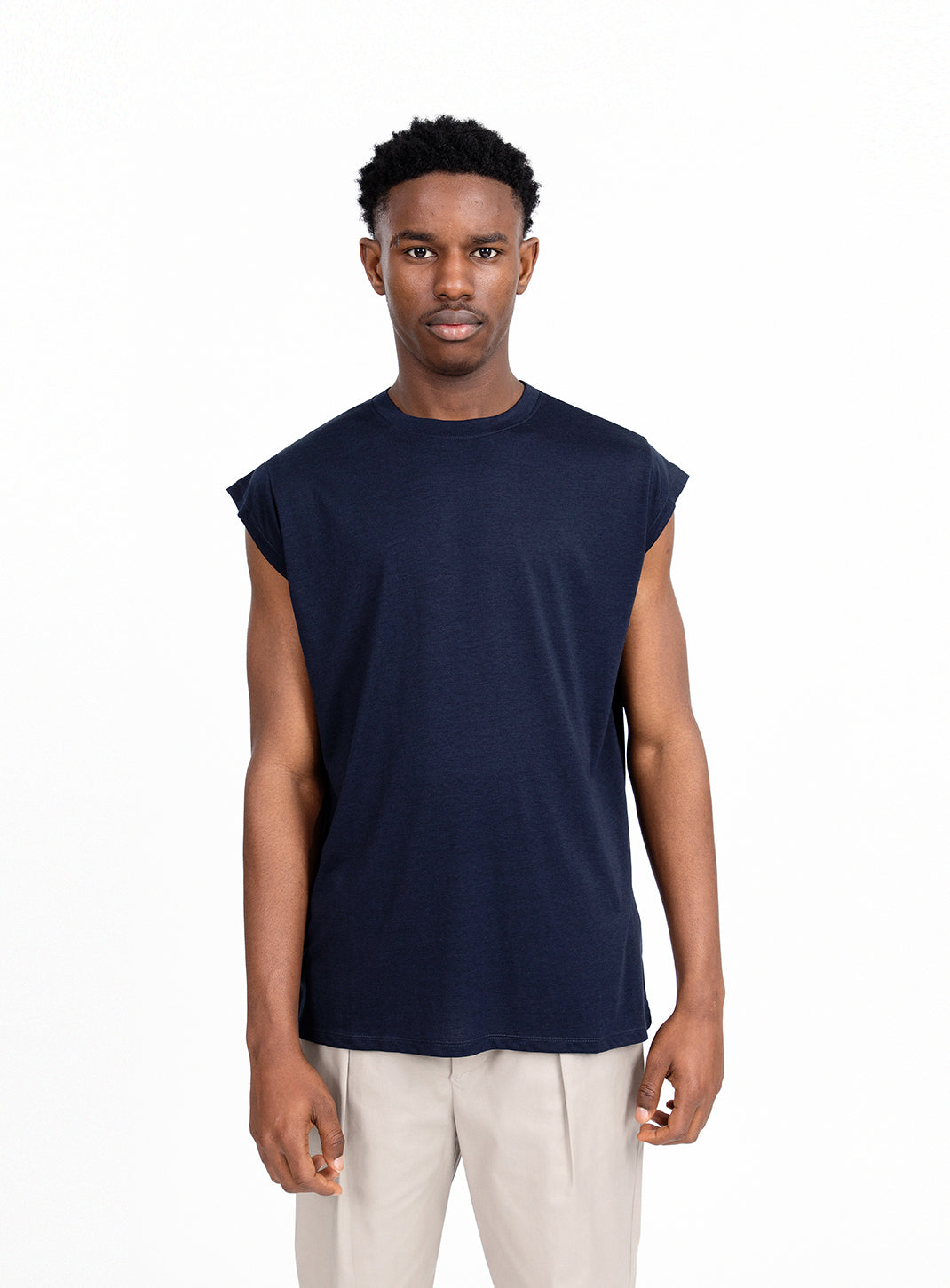 Sleeveless T-Shirt in Navy Blue Eucalyptus & Cotton
