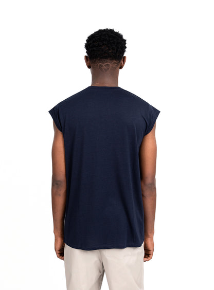Sleeveless T-Shirt in Navy Blue Eucalyptus & Cotton