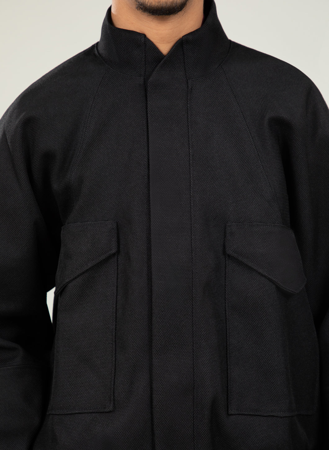 Bomber Jacket with Origami Collar in Black Technical Gros Grain