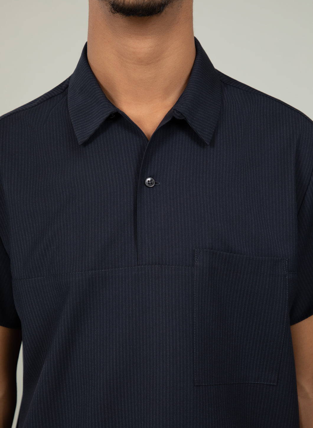 Short Sleeve Poloshirt with Chest Pocket in Navy Fine Stripe Gabardine