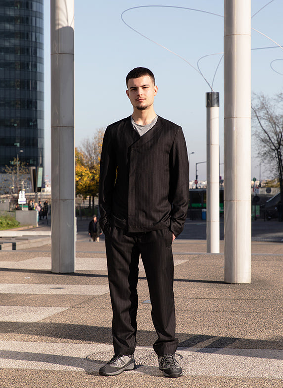 Graphic Suit Jacket in Black Banker Stripe Serge Fabric