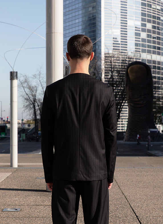 Graphic Suit Jacket in Black Banker Stripe Serge Fabric